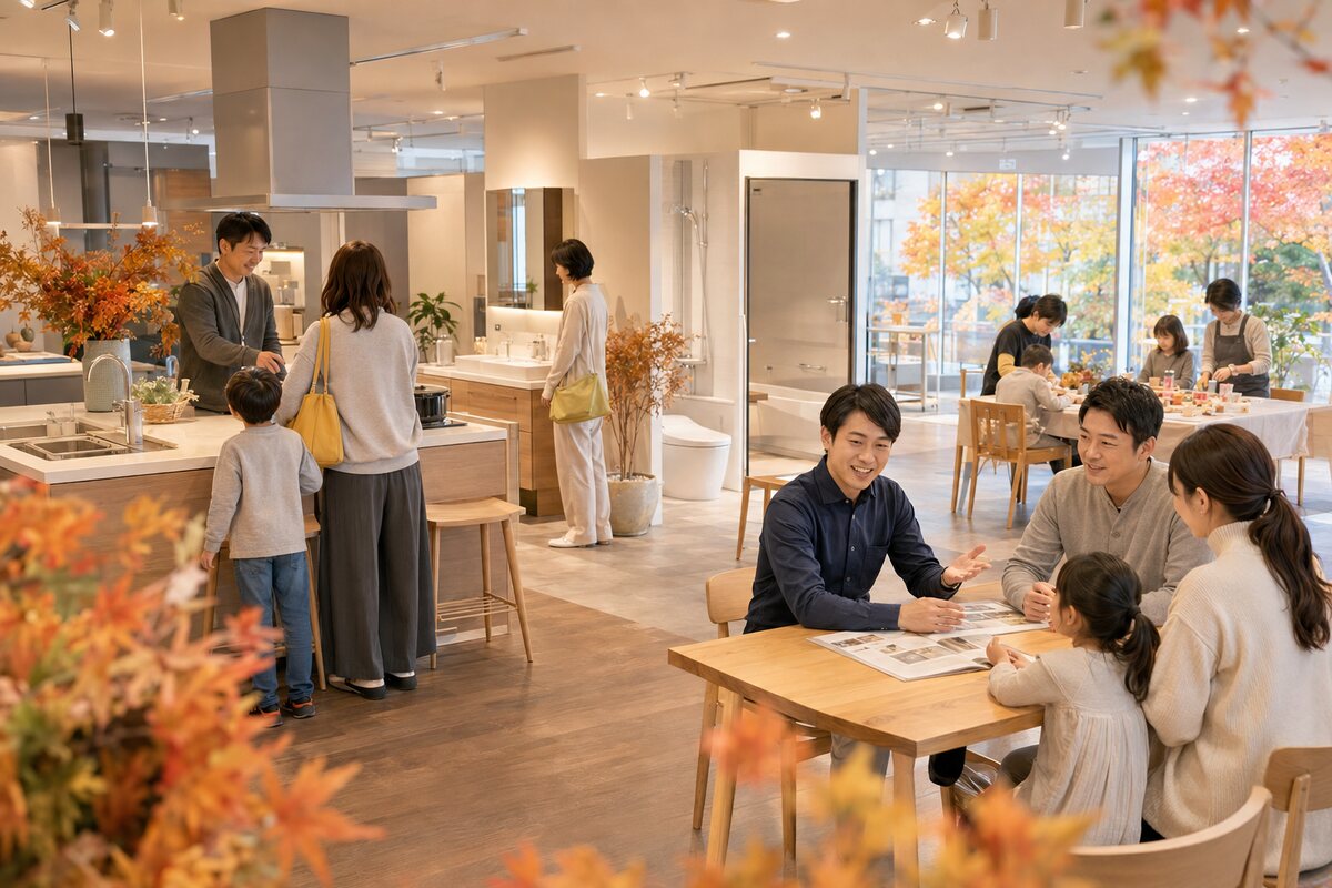 リフォームショールームで商品を見学し相談するご家族
