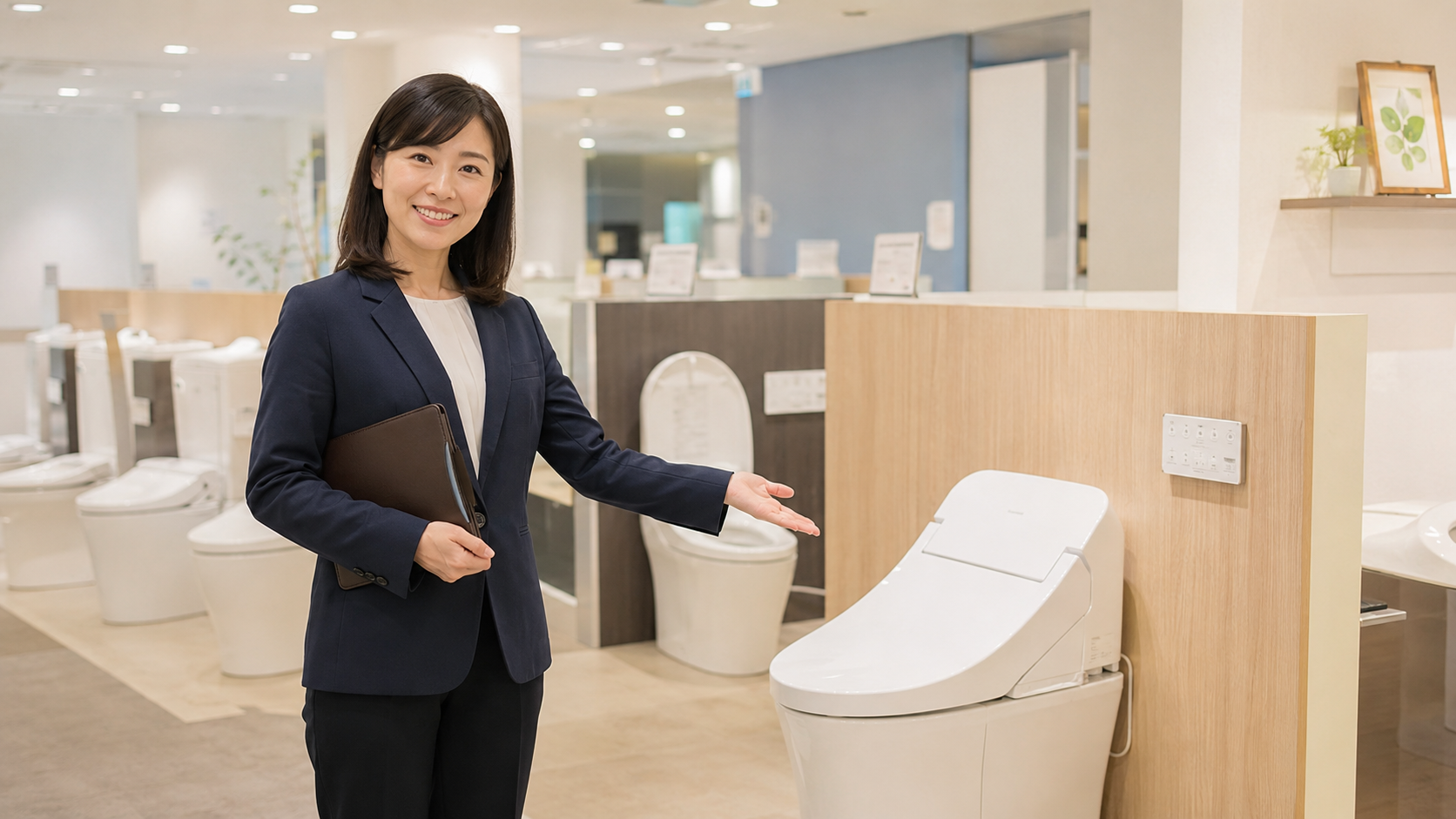 トイレショールームで製品を案内するスタッフ